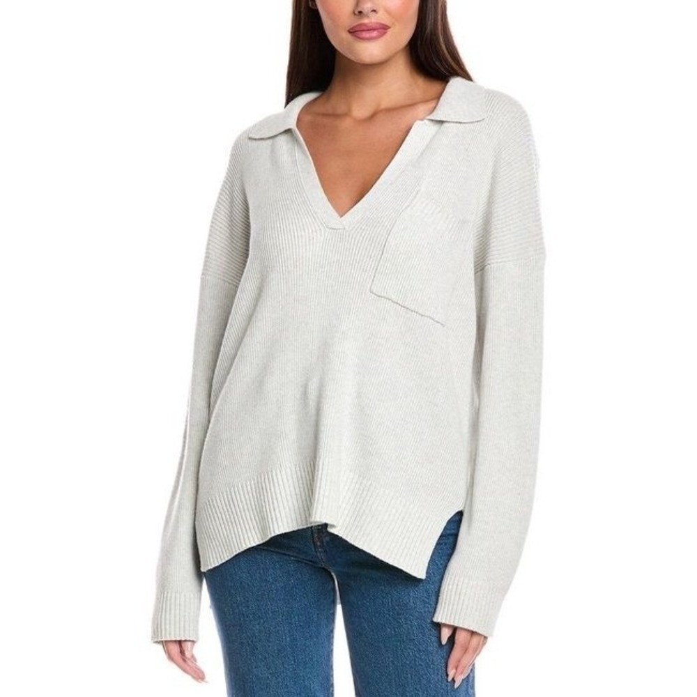Splendid Collection Gray Collared Knit Sweater Women's Small Pocket V-Neck Soft‎